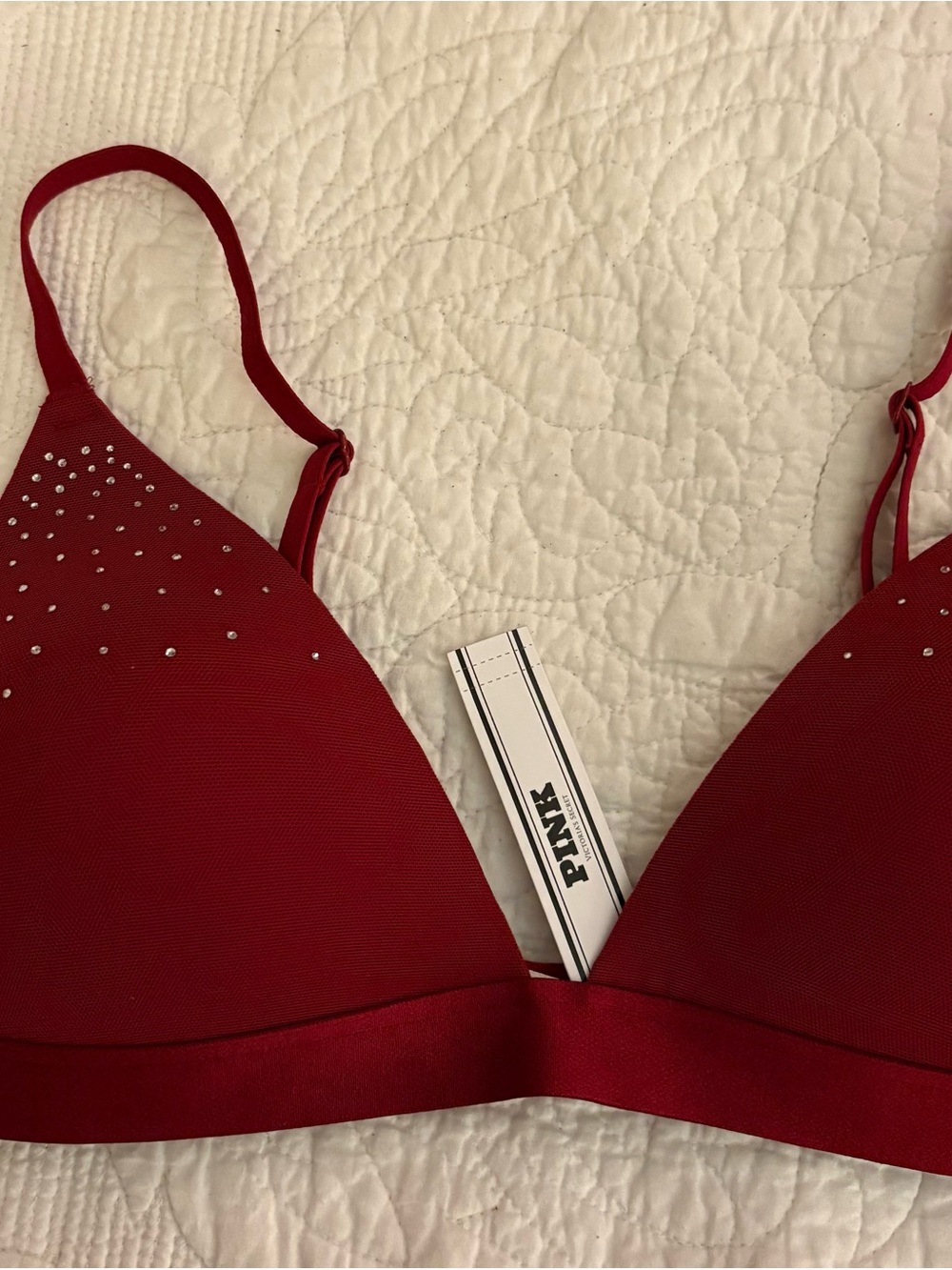 PINK Victoria's Secret Red Wireless Triangle Bra with Rhinestone Accents